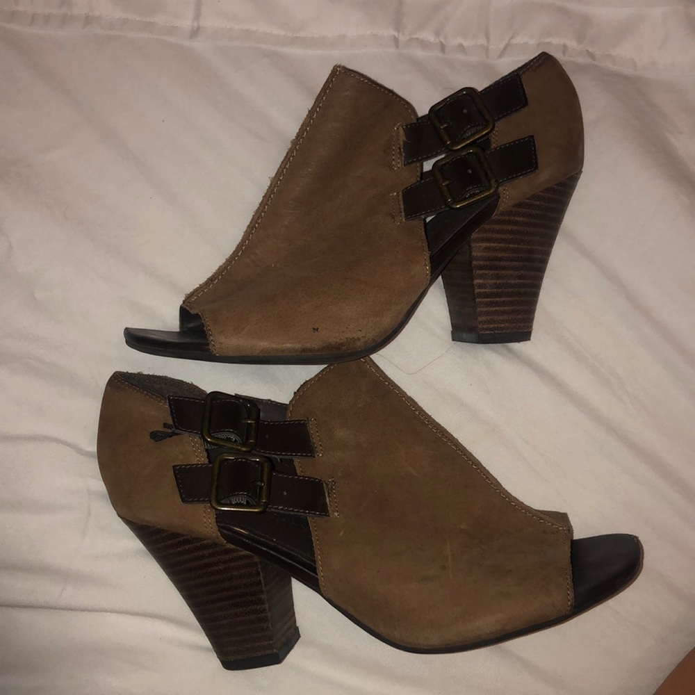 Tan open toe booties